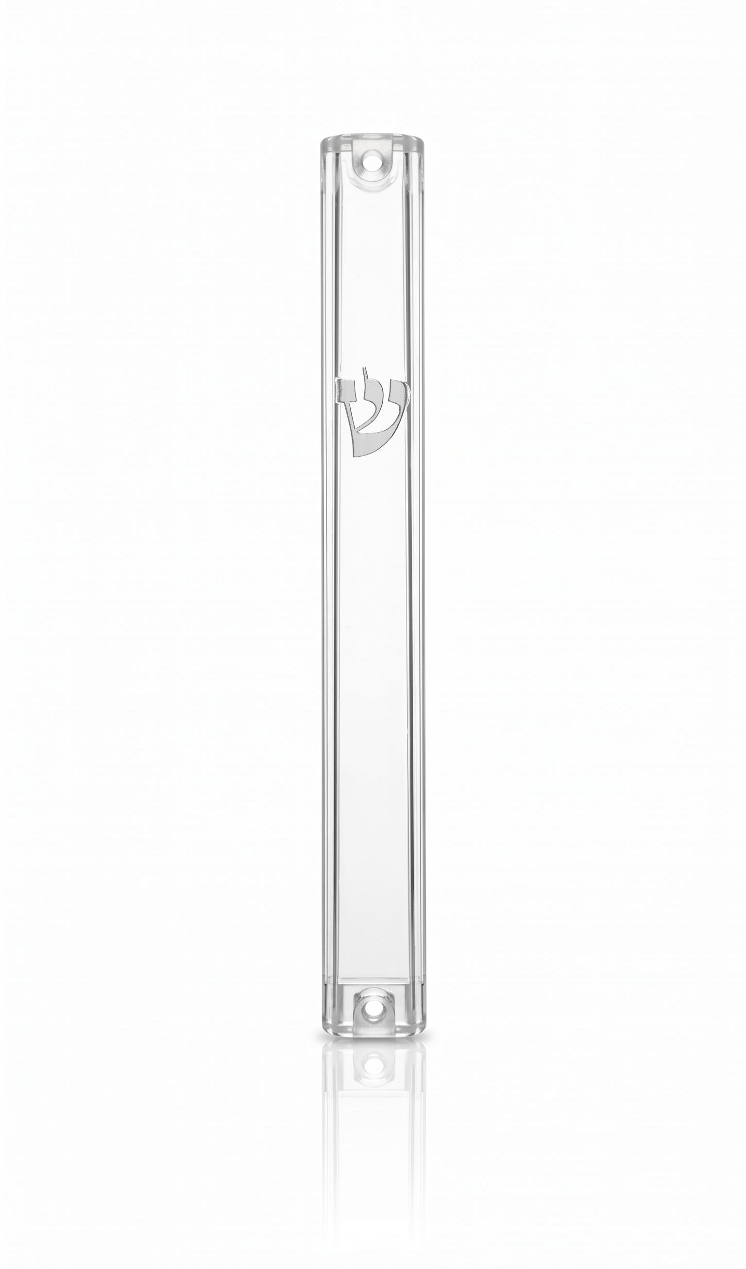 Front of Waterproof Timeless Clear Silver Shin Outdoor Mezuzah with transparent acrylic body and polished silver Hebrew Shin