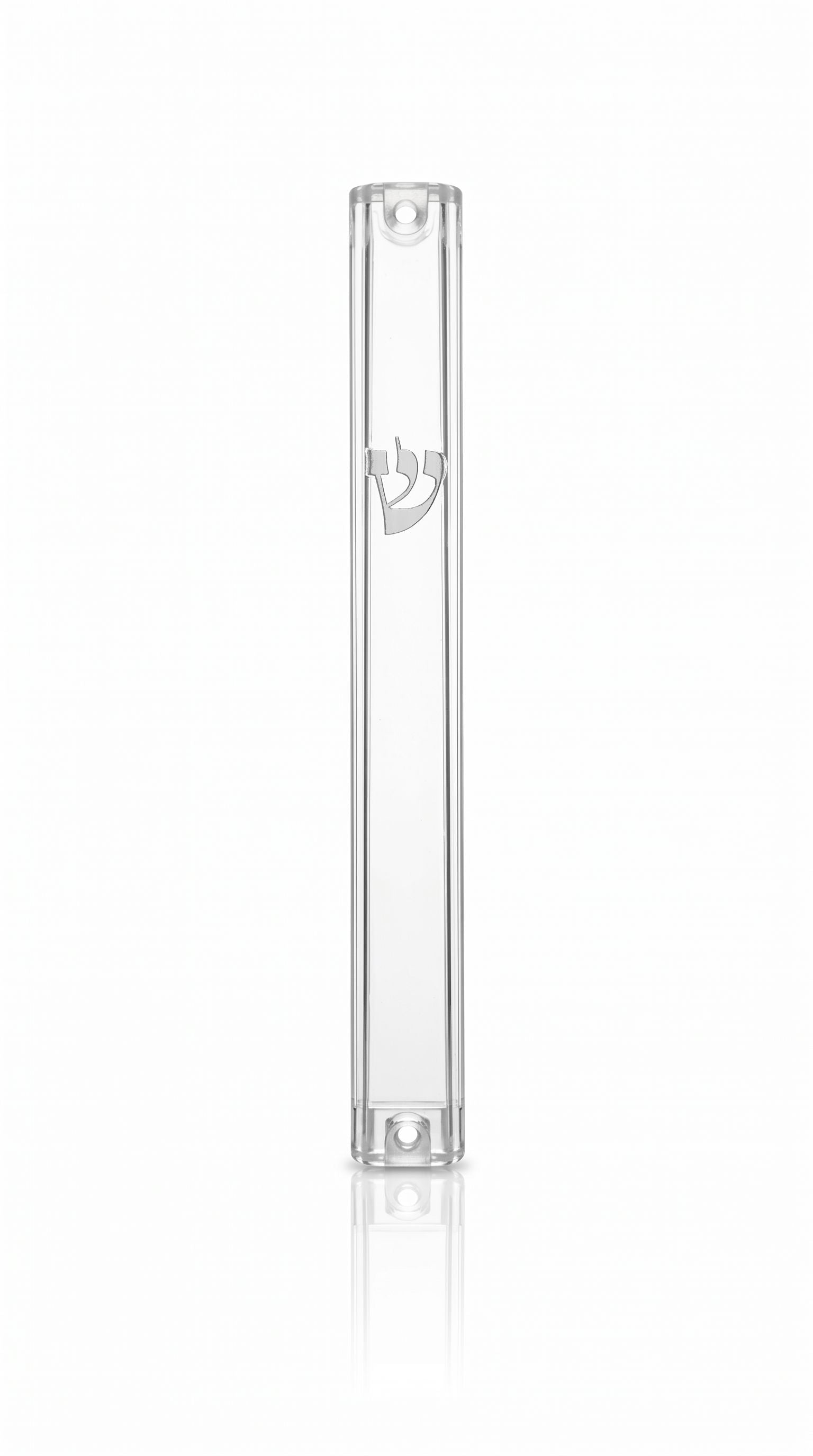 Front of Waterproof Timeless Clear Silver Shin Outdoor Mezuzah with transparent acrylic body and polished silver Hebrew Shin