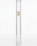 Front of Timeless Clear Gold Shin Outdoor Mezuzah with transparent acrylic body and raised gold Hebrew Shin