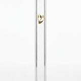 Front of Timeless Clear Gold Shin Outdoor Mezuzah with transparent acrylic body and raised gold Hebrew Shin