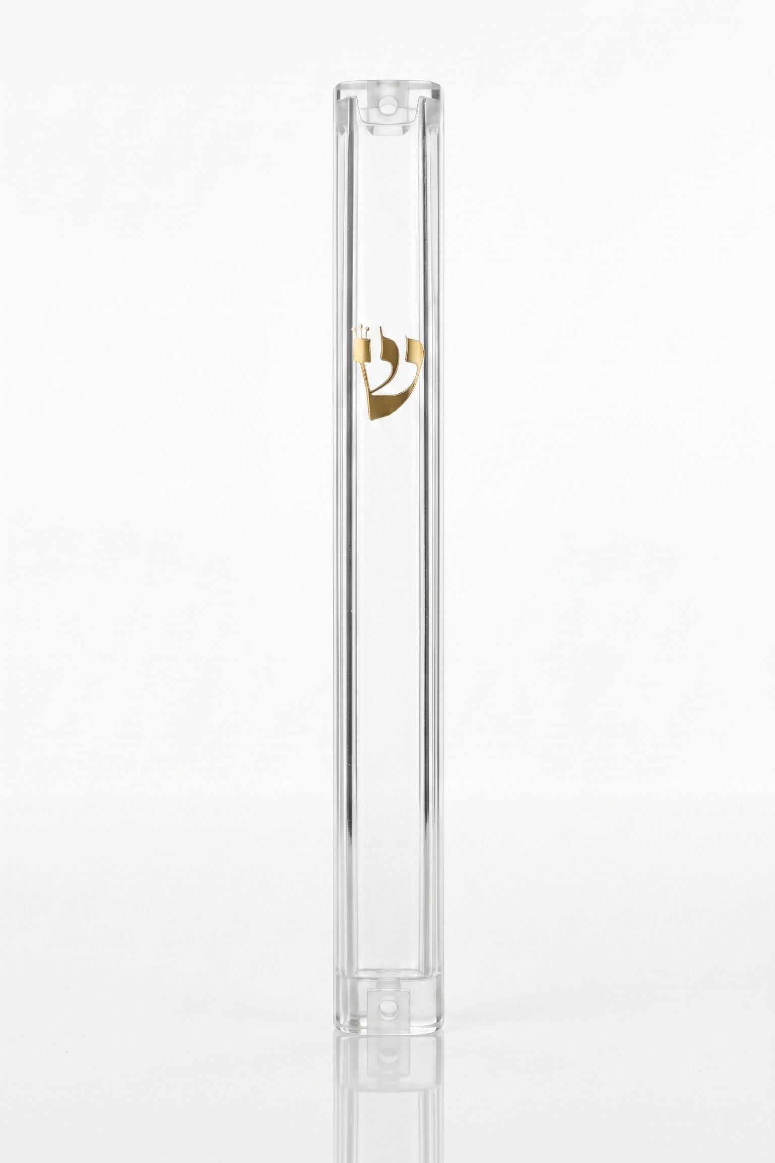 Front of Timeless Clear Gold Shin Outdoor Mezuzah with transparent acrylic body and raised gold Hebrew Shin