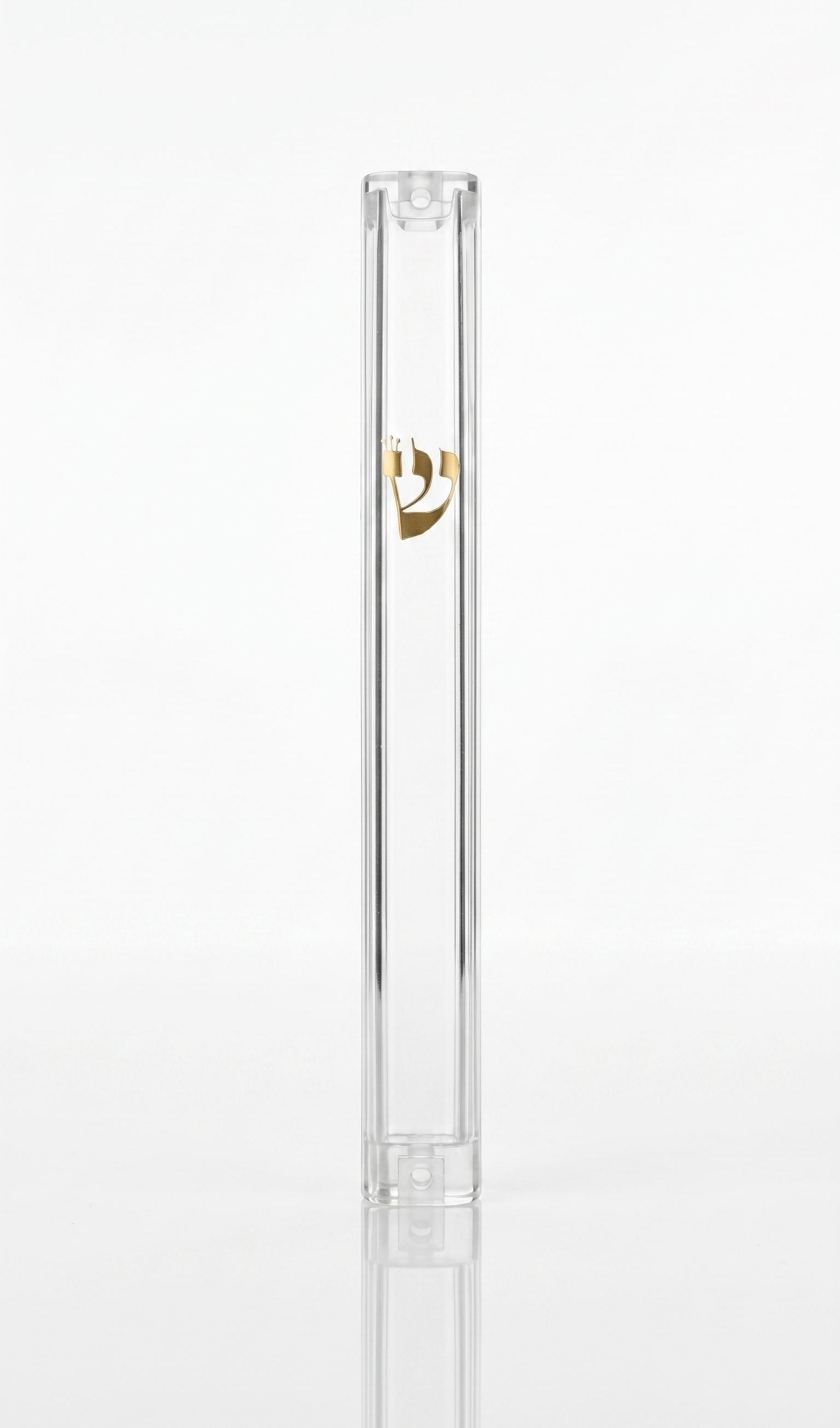 Front of Timeless Clear Gold Shin Outdoor Mezuzah with transparent acrylic body and raised gold Hebrew Shin