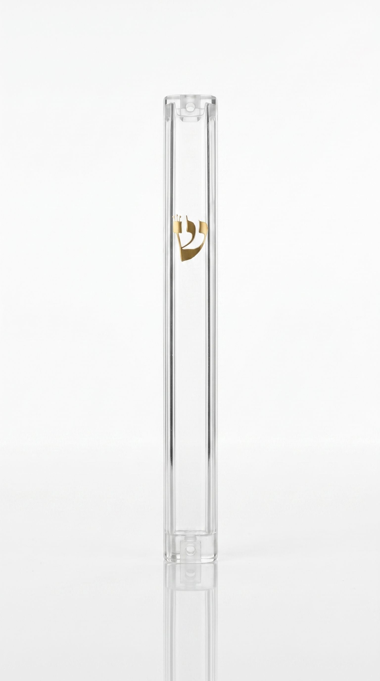 Front of Timeless Clear Gold Shin Outdoor Mezuzah with transparent acrylic body and raised gold Hebrew Shin