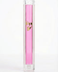 Timeless Pink Gold Shin Lucite Mezuzah with clear acrylic frame, vivid pink center and gold Hebrew Shin