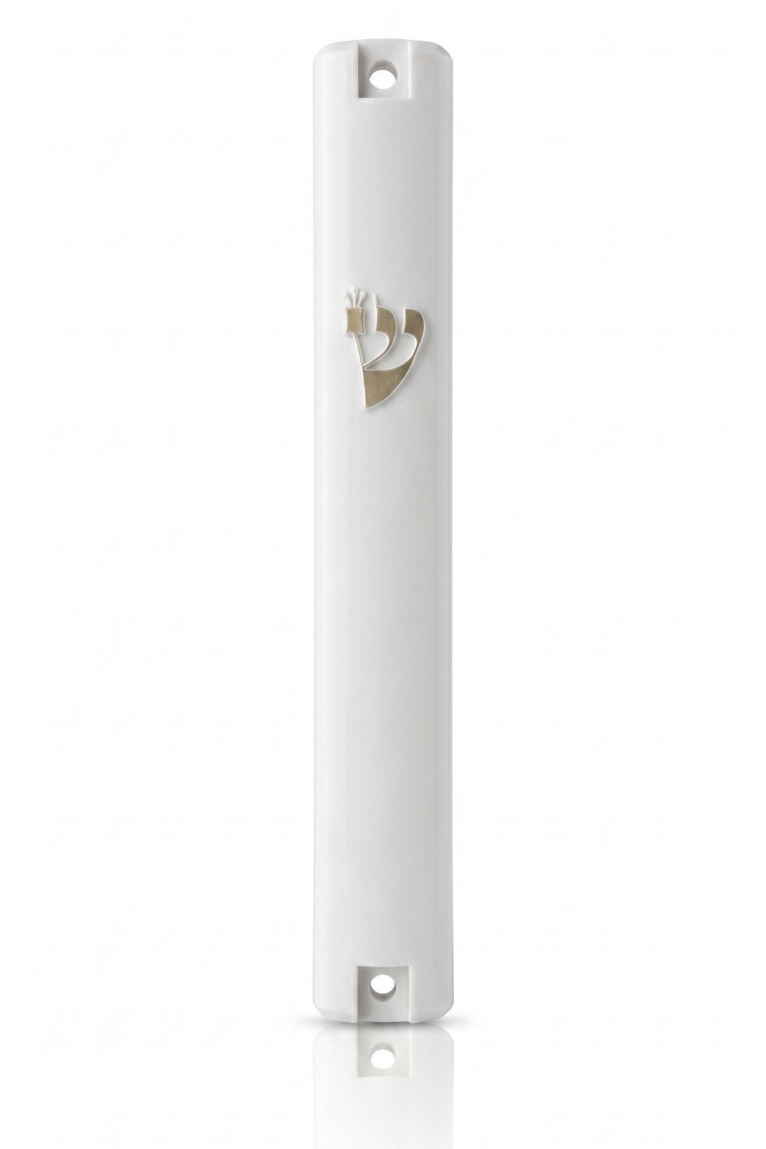 Front of Timeless White Gold Shin Outdoor Mezuzah with white acrylic body, raised gold Shin and mounting holes for outdoor use