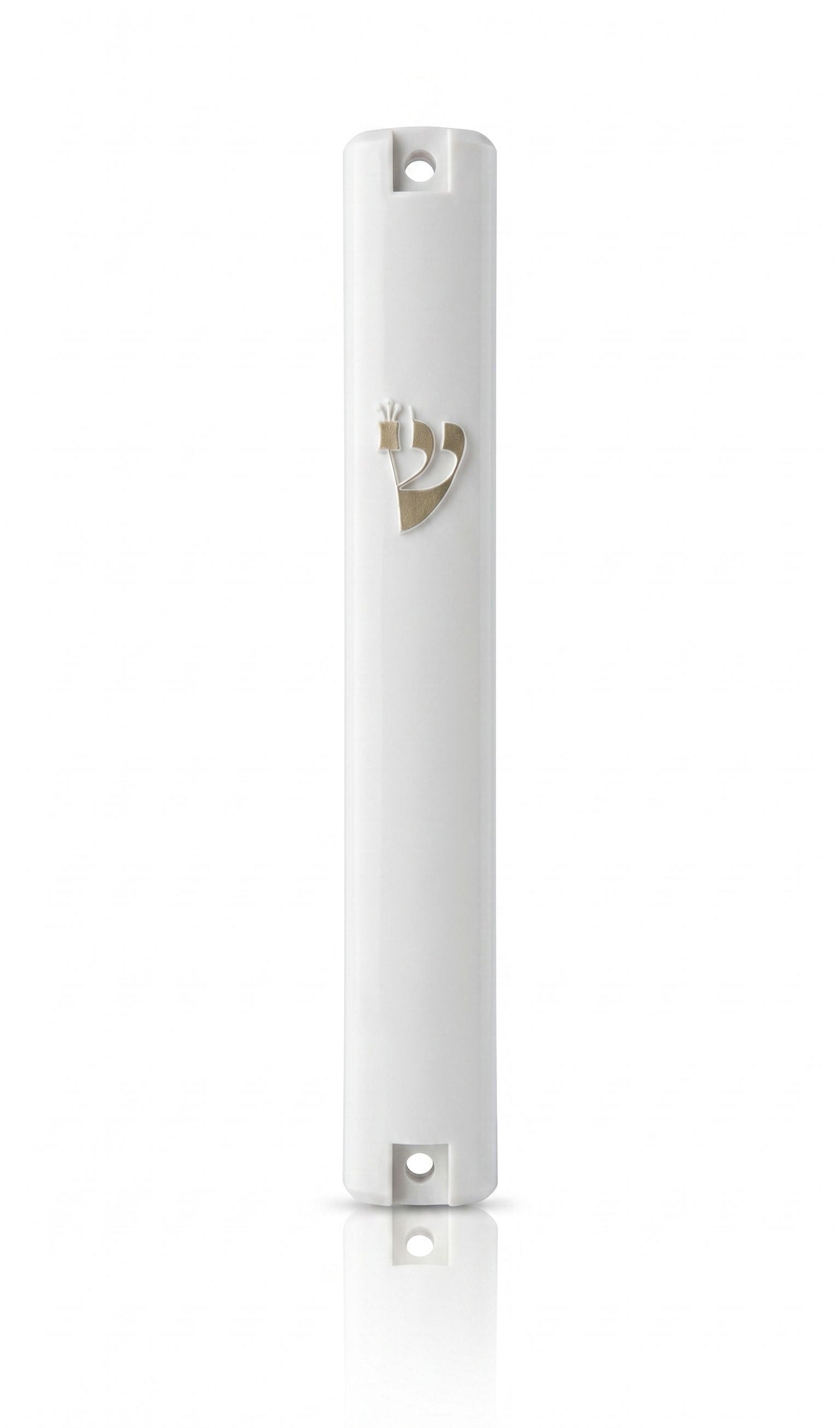Front of Timeless White Gold Shin Outdoor Mezuzah with white acrylic body, raised gold Shin and mounting holes for outdoor use