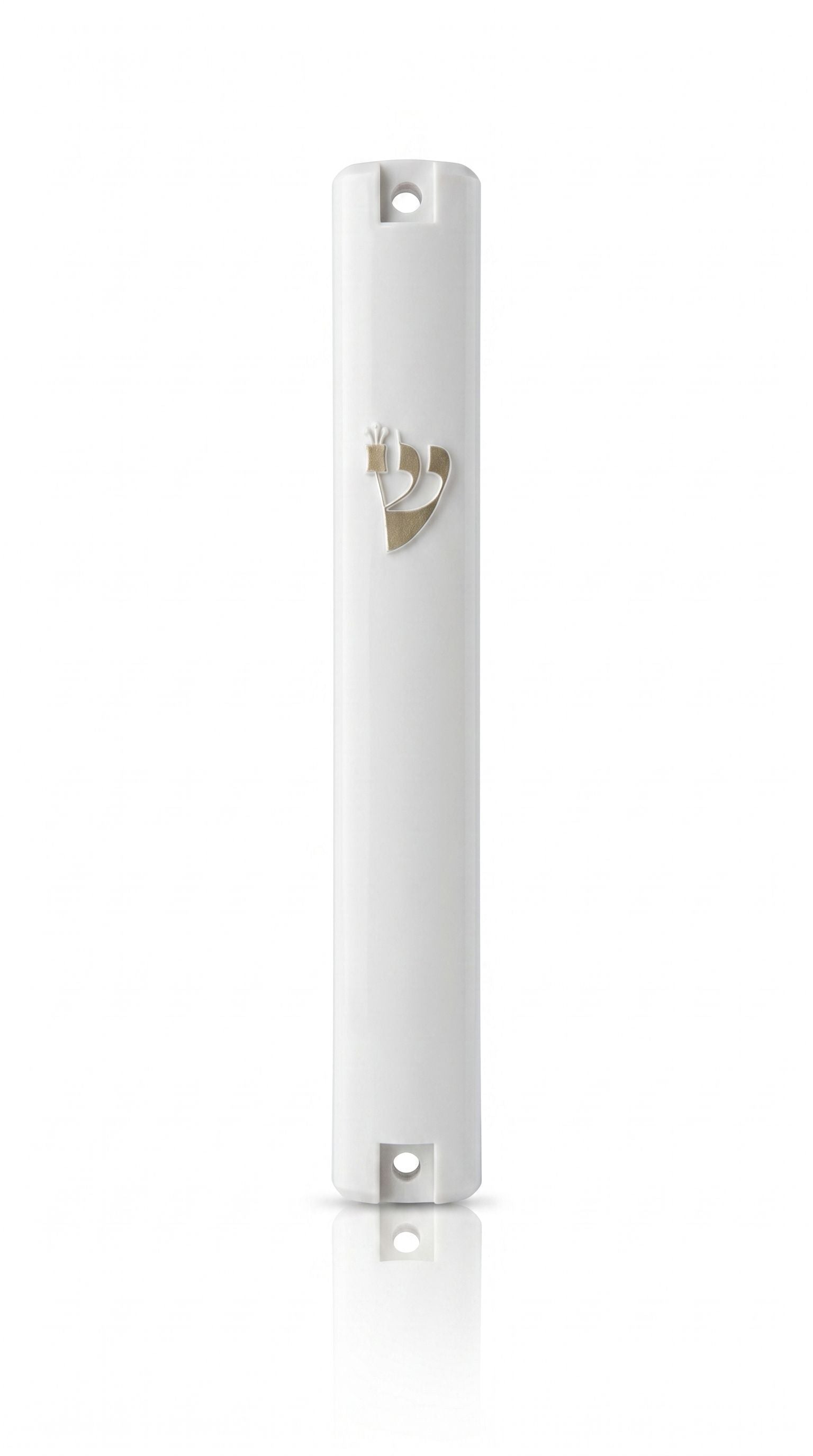 Front of Timeless White Gold Shin Outdoor Mezuzah with white acrylic body, raised gold Shin and mounting holes for outdoor use