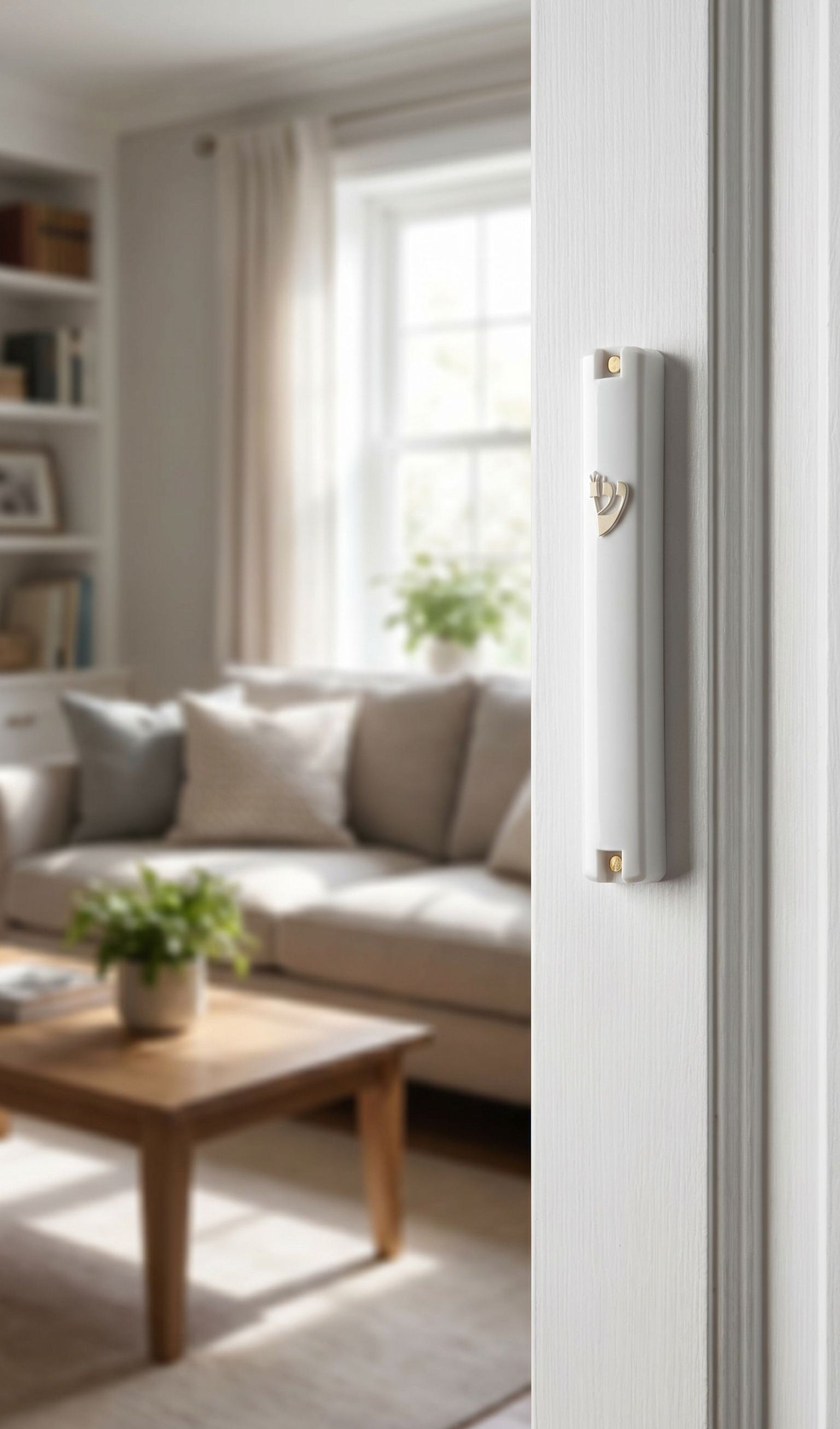 Timeless White Gold Shin Outdoor Mezuzah mounted on a white doorpost in a bright modern Jewish home