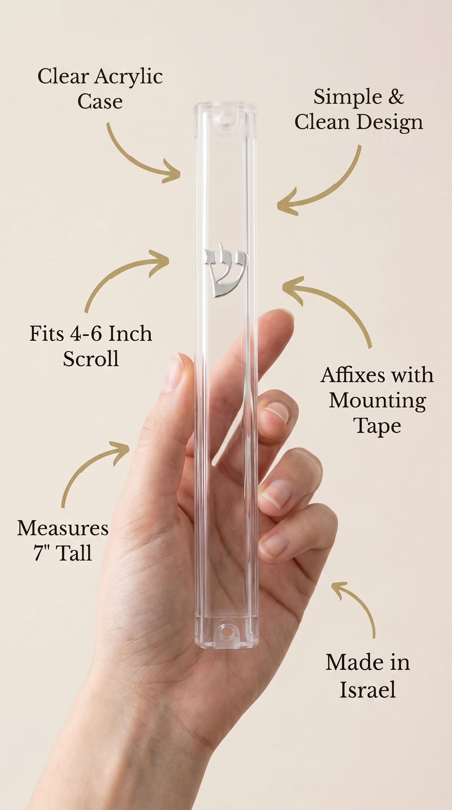 Hand holding a seven-inch Timeless Clear Silver Shin Outdoor Mezuzah made in Israel from waterproof acrylic