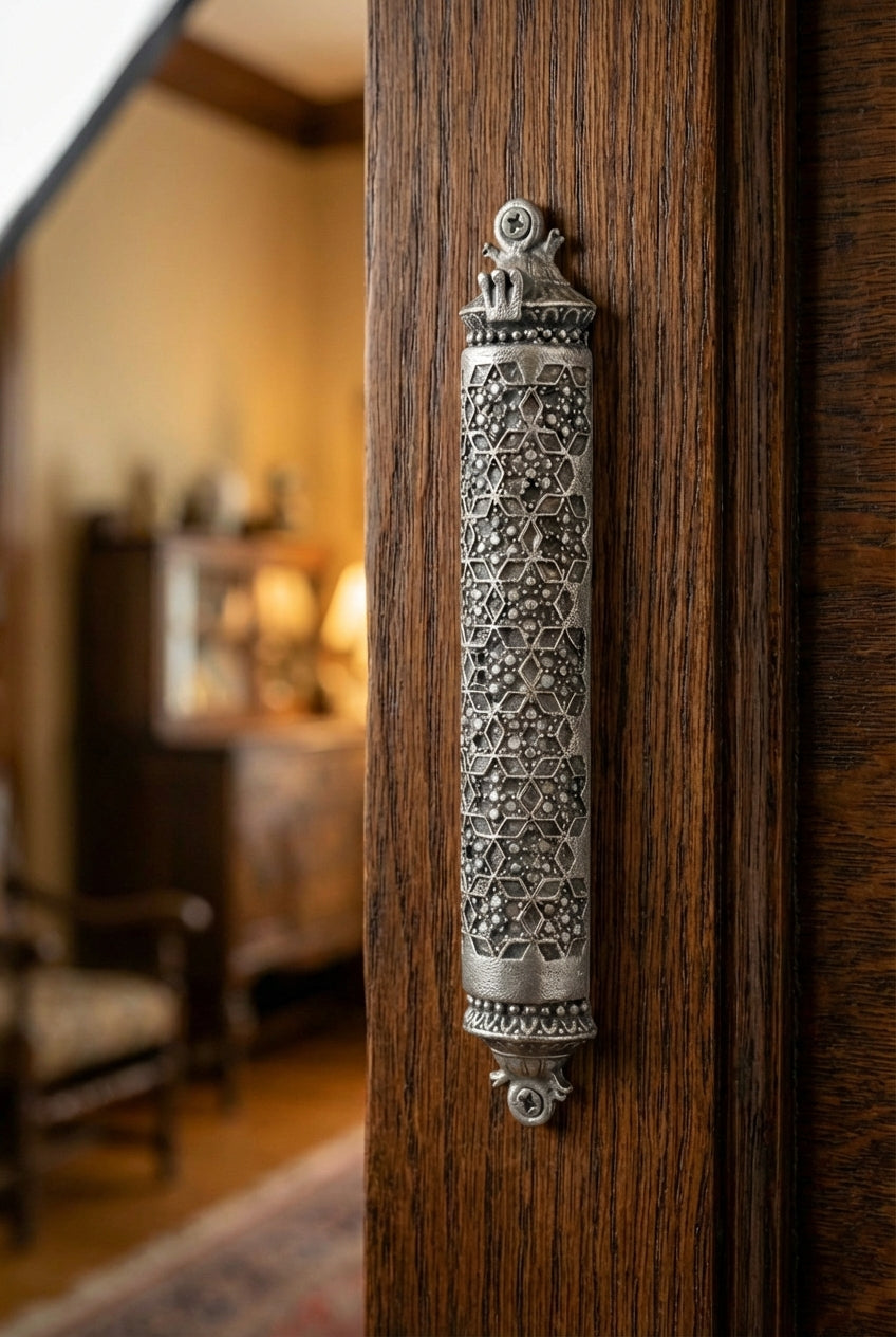Traditional Mosaic Magen David Pewter Mezuzah, mounted vertically on a rustic wooden door in a warmly lit traditional Jewish home