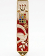 Red enamel mezuzah case with a white dove, gold Shin letter, and twelve colorful jeweled accents.