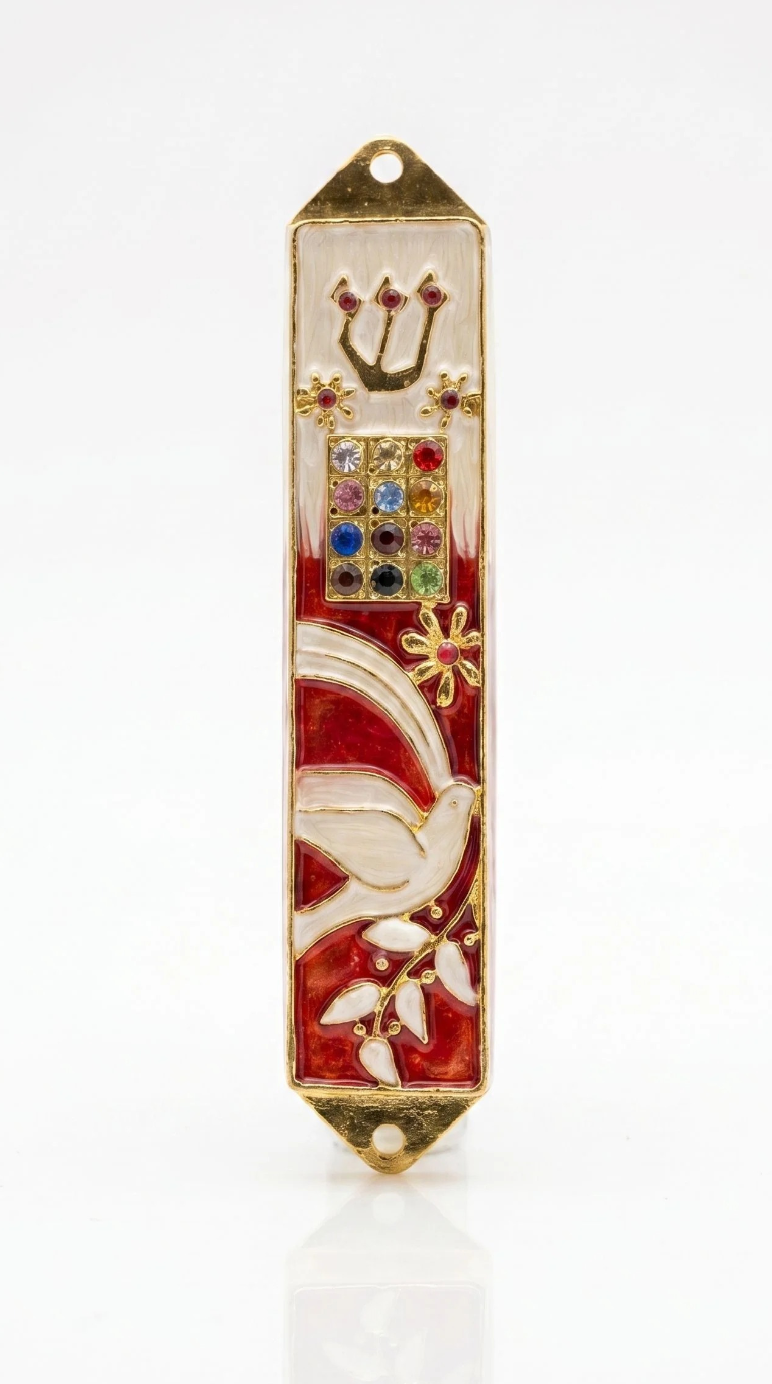 Red enamel mezuzah case with a white dove, gold Shin letter, and twelve colorful jeweled accents.