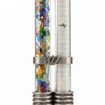 Under the Chuppah wedding glass mezuzah case with dual clear tubes, broken glass chamber, separate scroll chamber, and pewter Shin accents