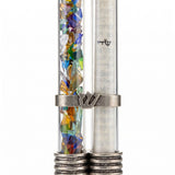 Under the Chuppah wedding glass mezuzah case with dual clear tubes, broken glass chamber, separate scroll chamber, and pewter Shin accents