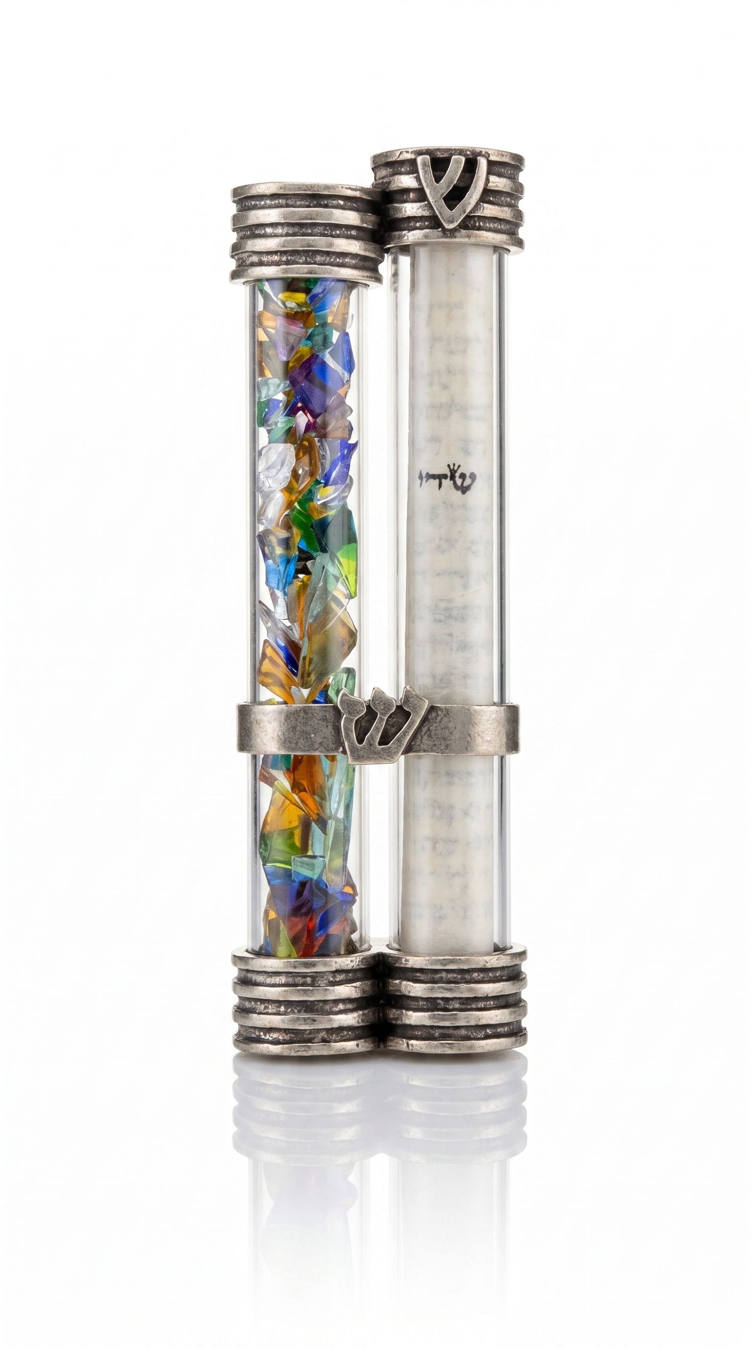 Under the Chuppah wedding glass mezuzah case with dual clear tubes, broken glass chamber, separate scroll chamber, and pewter Shin accents