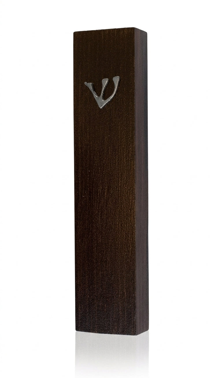 Elegant Aaron Mezuzah made of wood and pewter with intricate details, designed for home doorways, with a bright white studio background and soft reflection.