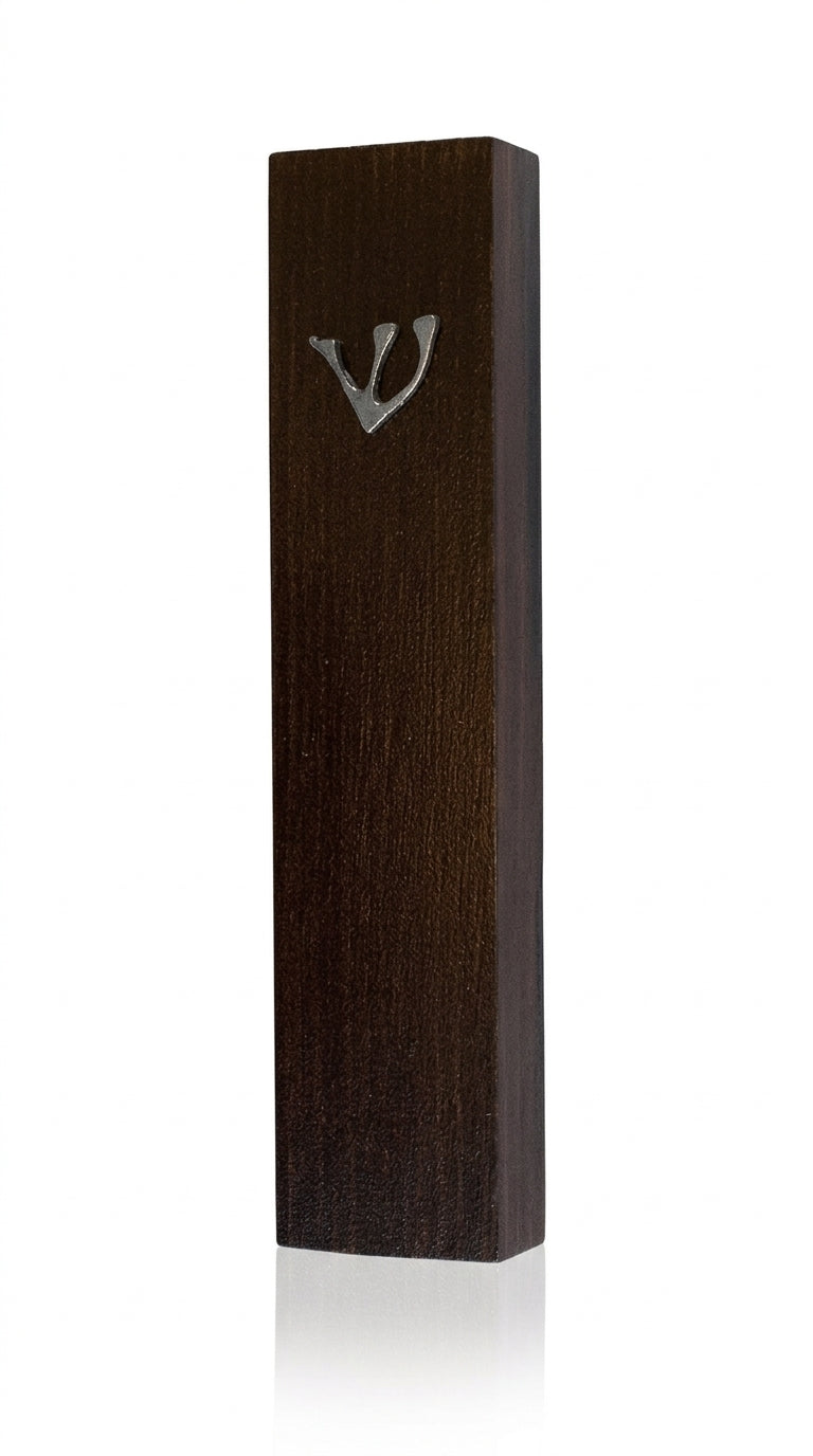 Elegant Aaron Mezuzah made of wood and pewter with intricate details, designed for home doorways, with a bright white studio background and soft reflection.