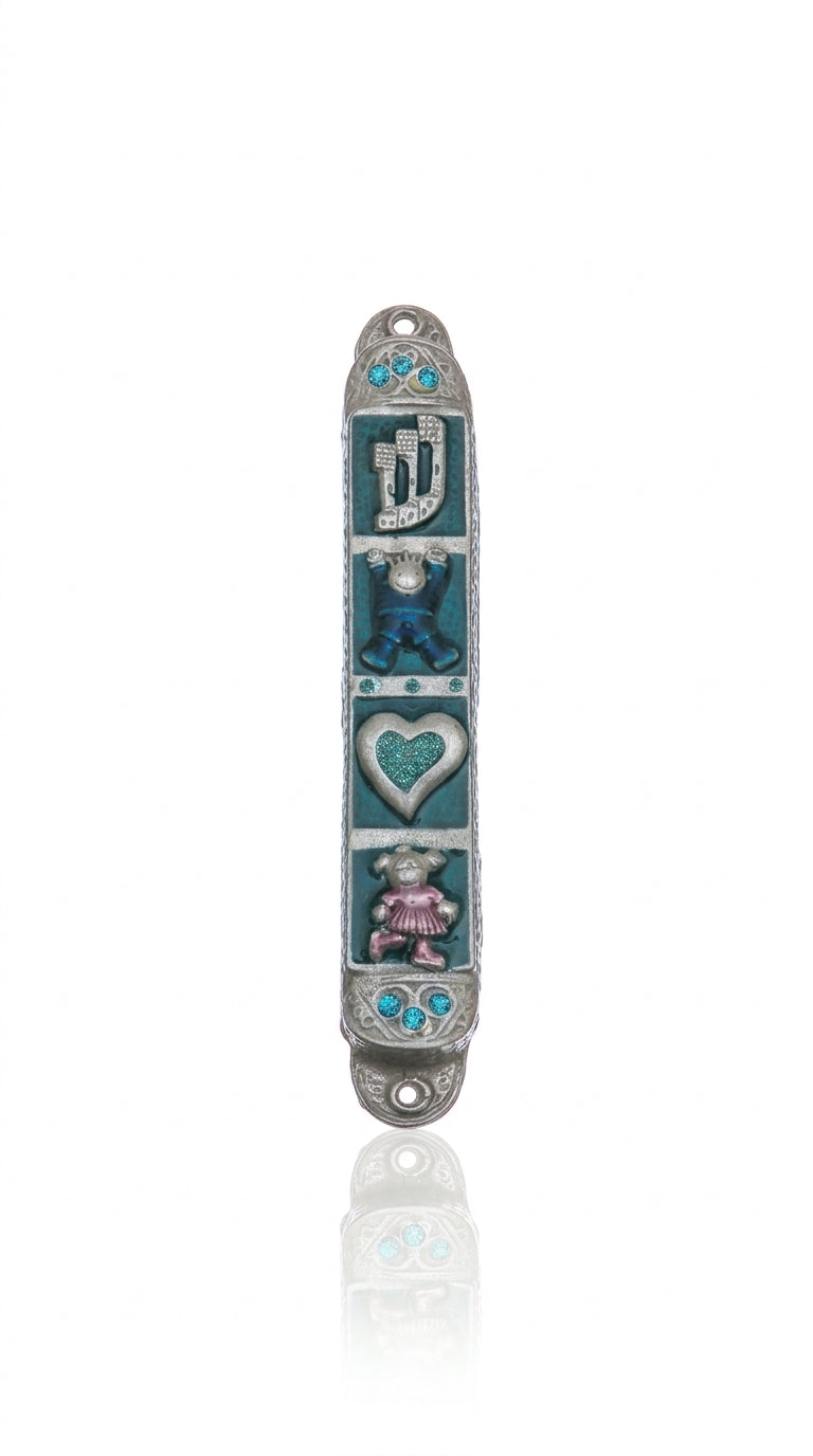 Playful pewter Mezuzah with colorful enamel depicting cute kids and a heart, perfect for children's rooms or as a baby gift, with precise details.