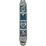 Playful pewter Mezuzah with colorful enamel depicting cute kids and a heart, perfect for children's rooms or as a baby gift, with precise details.
