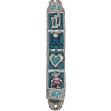 Playful pewter Mezuzah with colorful enamel depicting cute kids and a heart, perfect for children's rooms or as a baby gift, with precise details.