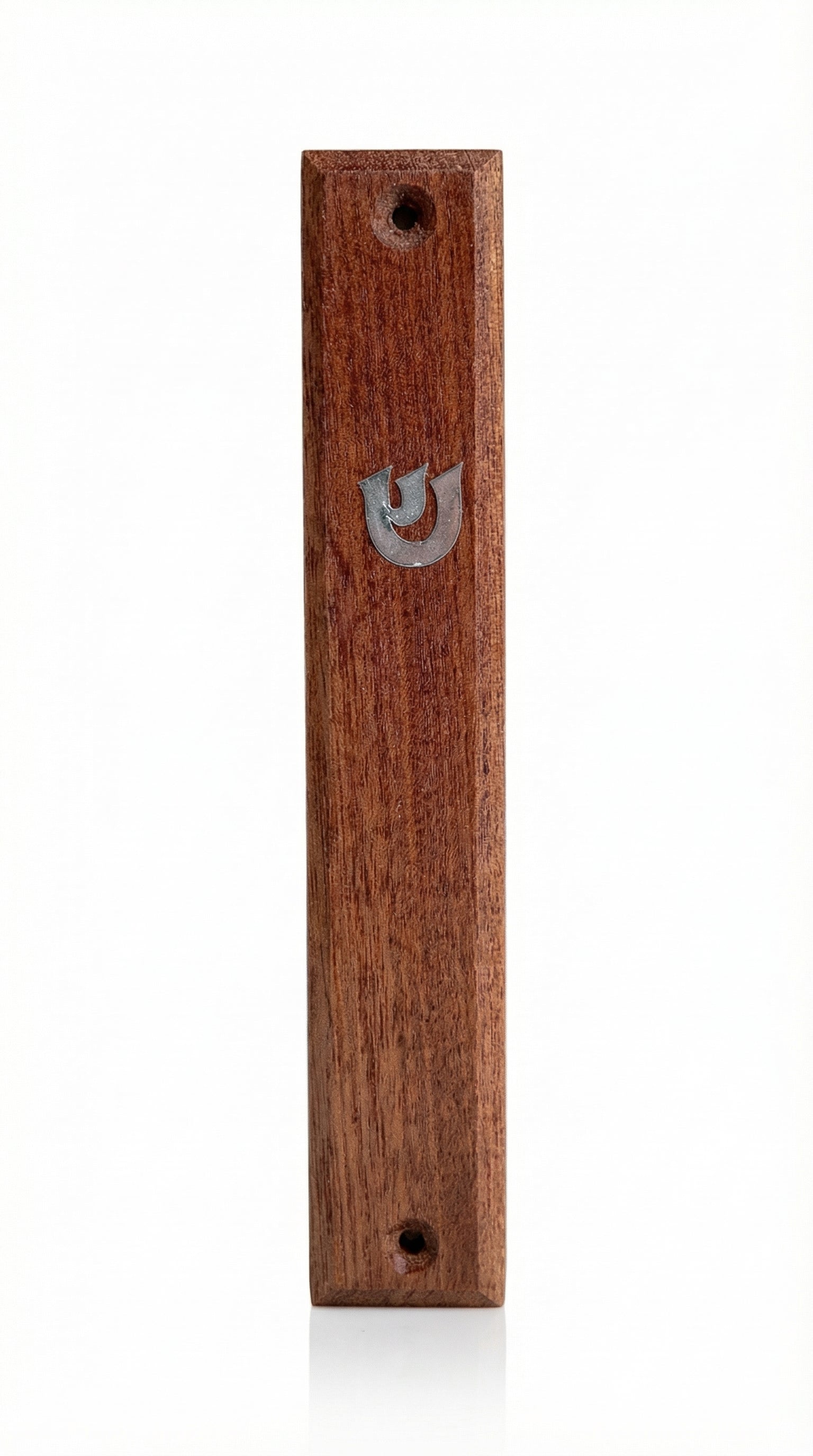 Made in Israel, wooden Alon Mezuzah with Hebrew inscriptions, detailed carvings, and a glossy finish, designed for home doorways.