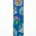Blue wooden Aleph Bet Mezuzah with detailed Hebrew inscriptions and gold decorative motifs, designed for home blessing on entrance doors.