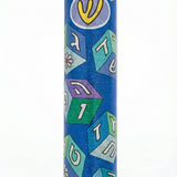 Blue wooden Aleph Bet Mezuzah with detailed Hebrew inscriptions and gold decorative motifs, designed for home blessing on entrance doors.