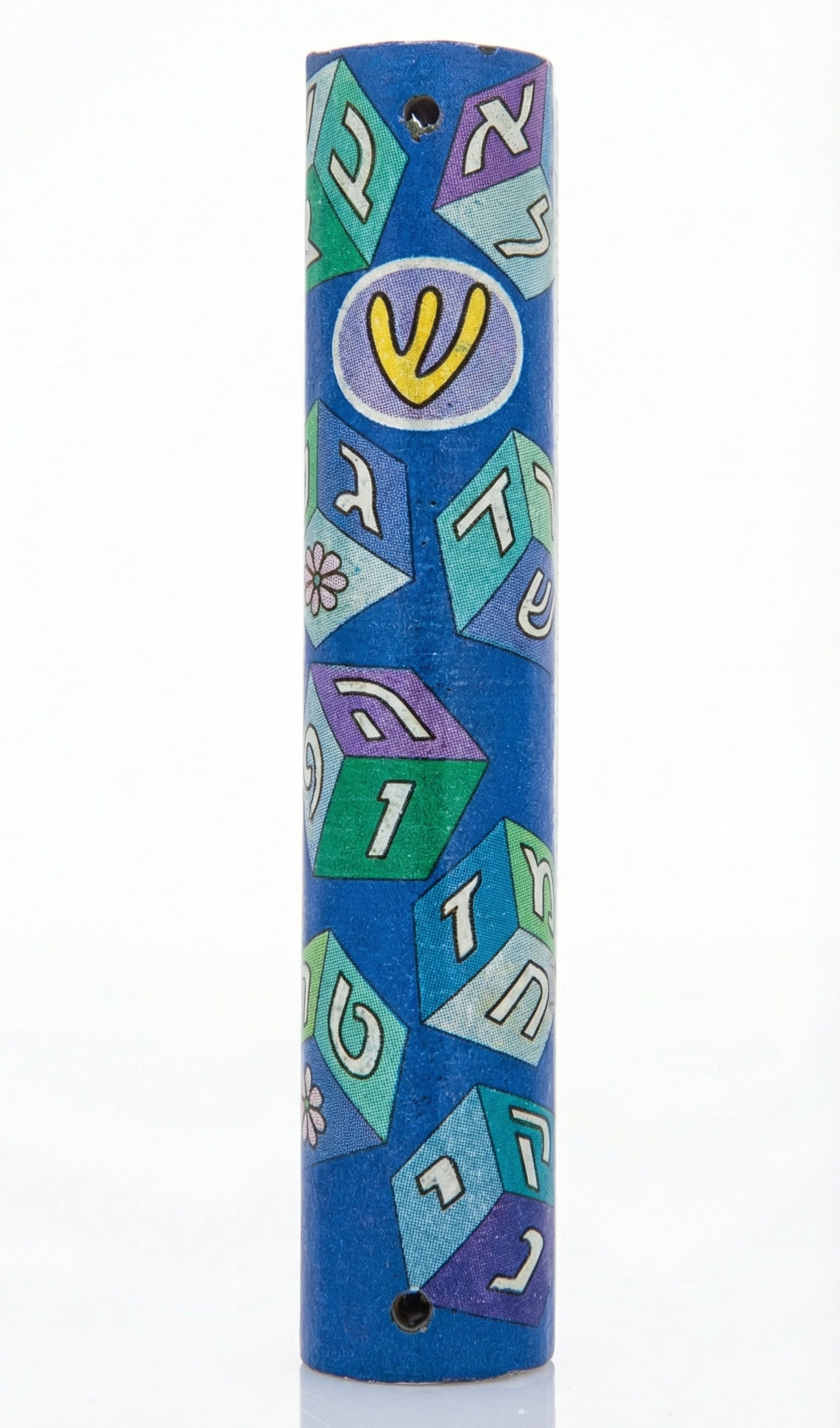 Blue wooden Aleph Bet Mezuzah with detailed Hebrew inscriptions and gold decorative motifs, designed for home blessing on entrance doors.