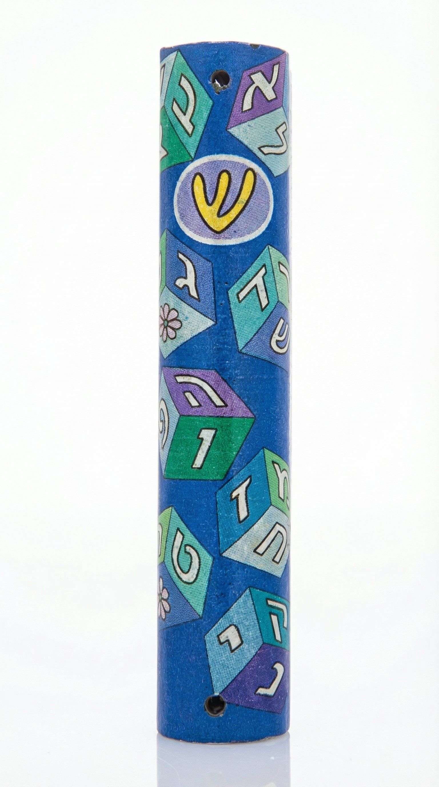 Blue wooden Aleph Bet Mezuzah with detailed Hebrew inscriptions and gold decorative motifs, designed for home blessing on entrance doors.