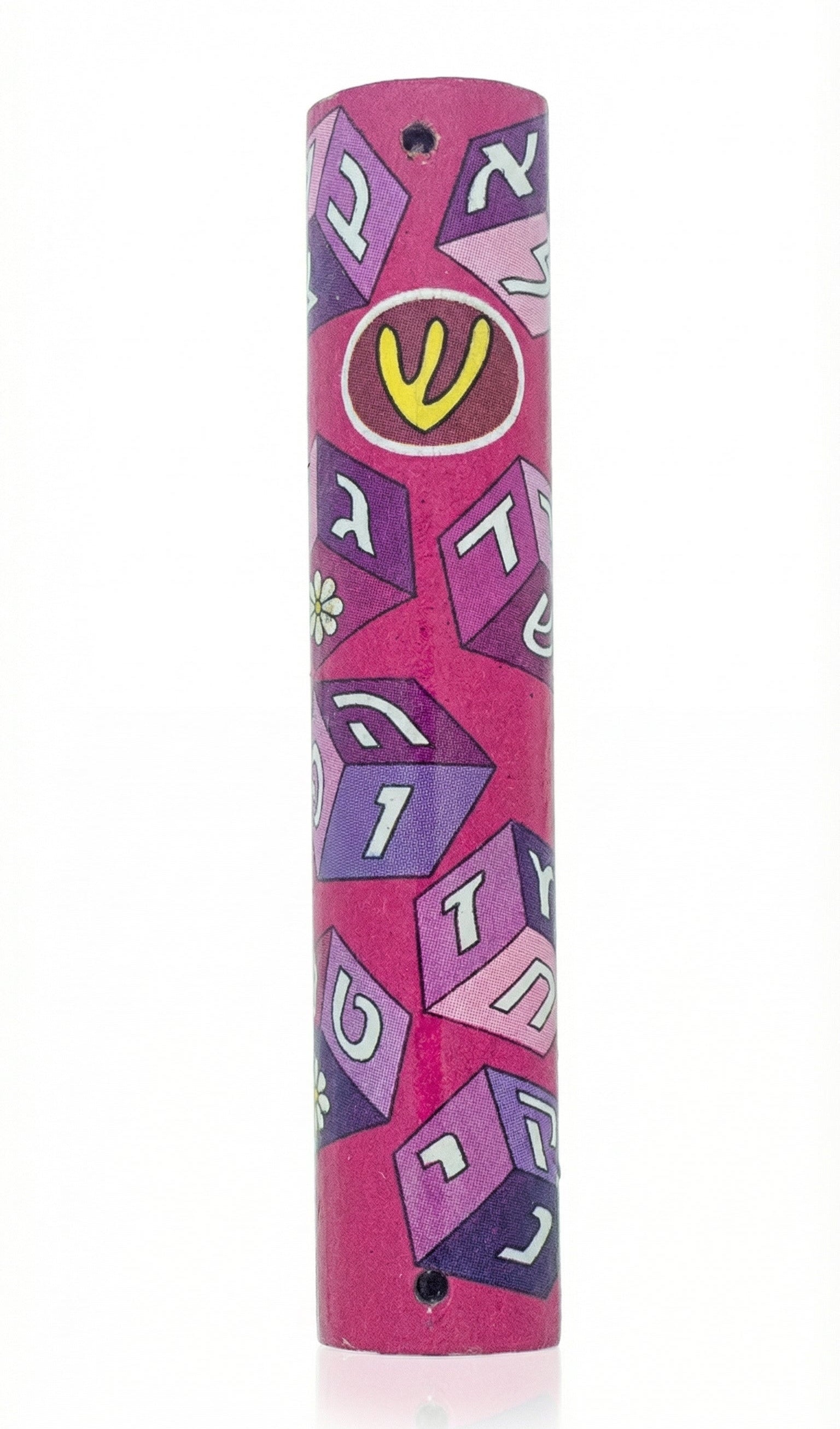 Pink wooden Aleph Bet Mezuzah with detailed Hebrew engravings, mounted on a bright white studio background with soft reflection.