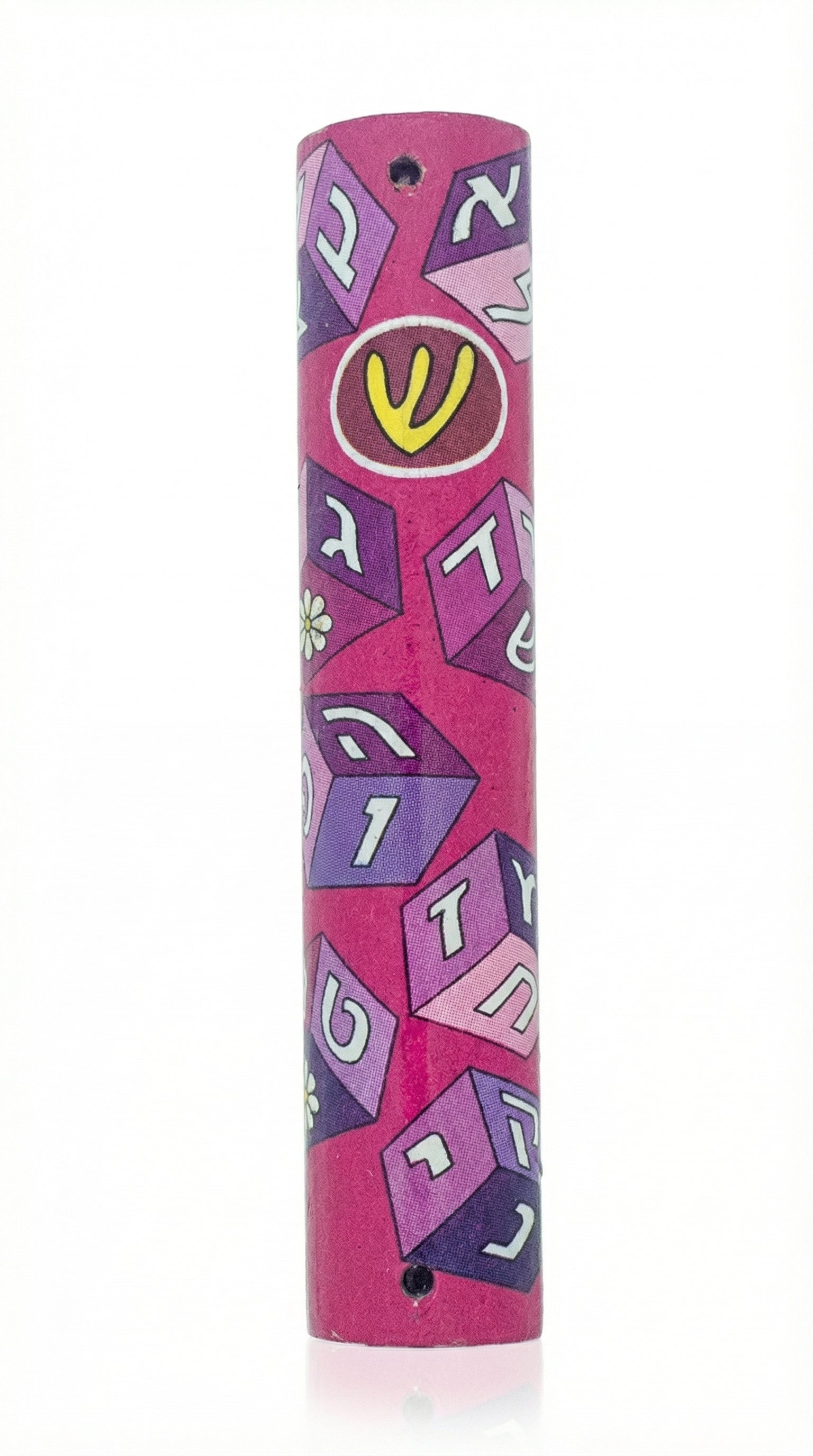 Pink wooden Aleph Bet Mezuzah with detailed Hebrew engravings, mounted on a bright white studio background with soft reflection.