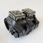 Pair of Alter Rebbe gassot batim on square tituras with silver filigree mehudar labels, Chabad Rashi tefillin wrapped around tefillin boxes