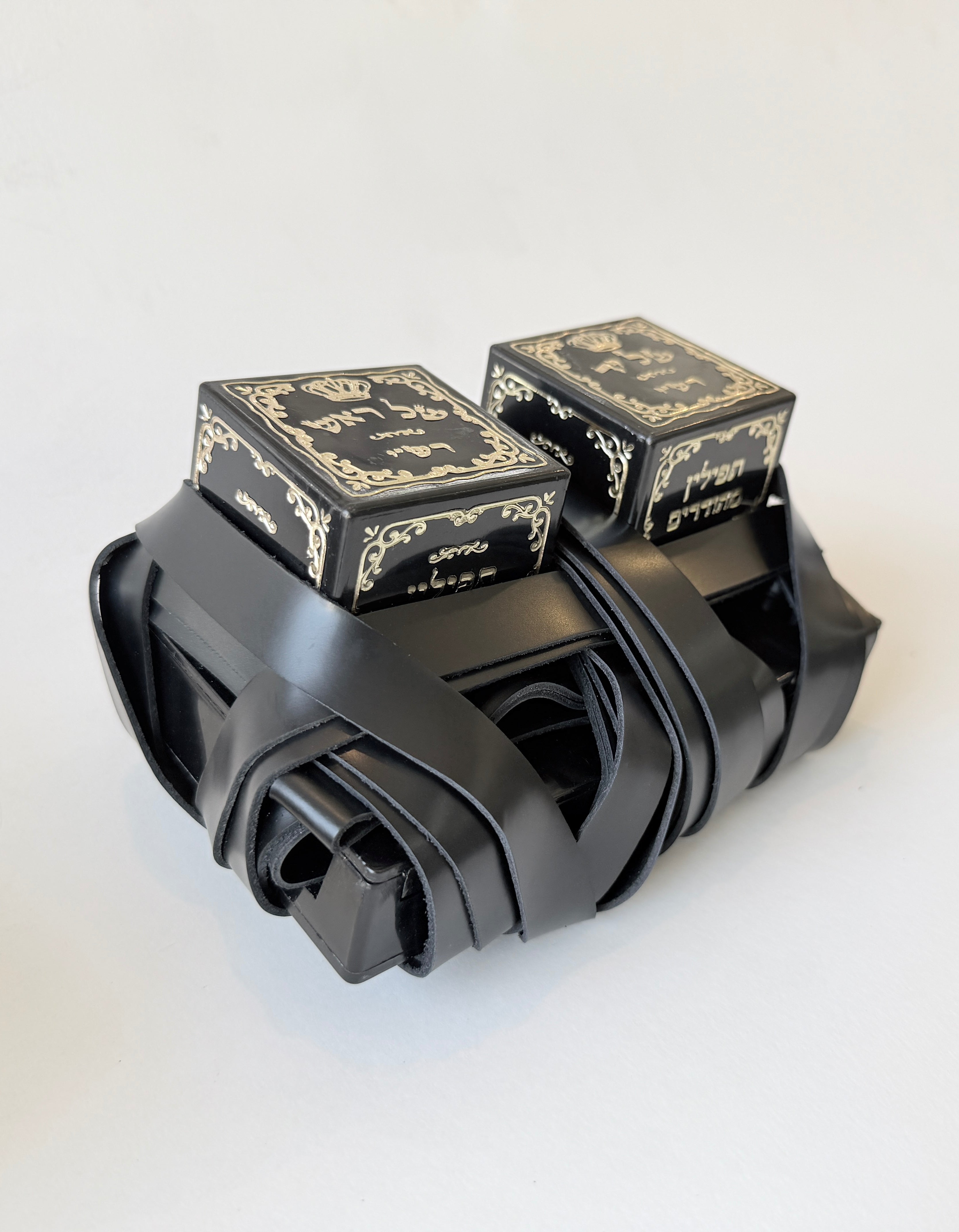 Pair of Alter Rebbe gassot batim on square tituras with silver filigree mehudar labels, Chabad Rashi tefillin wrapped around tefillin boxes