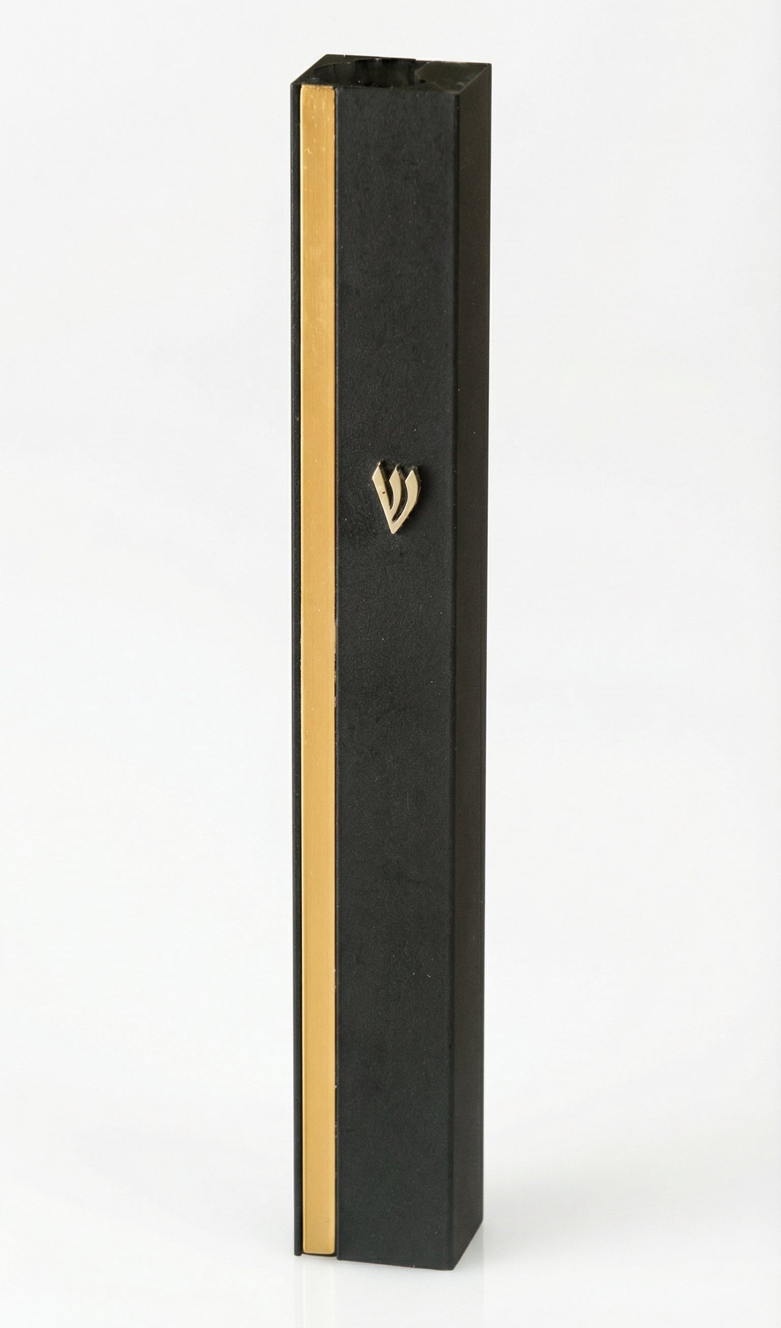 Sleek aluminum Mezuzah in black and gold with screw cap, suitable for outdoor use, fitting a 5-inch scroll, mounted with strong tape, crafted in Israel.