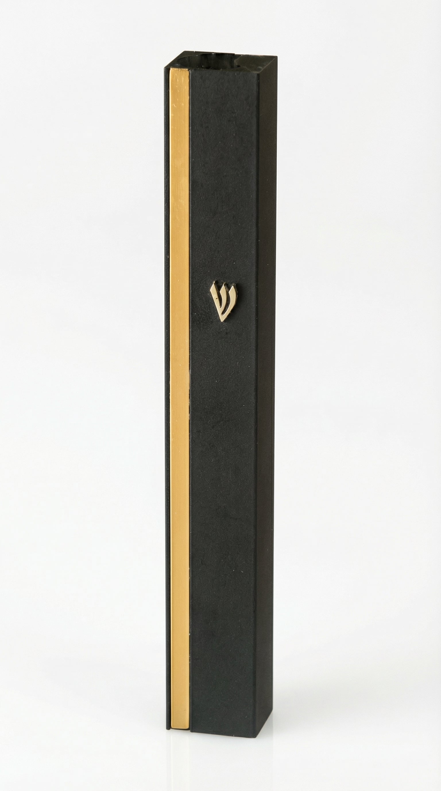 Sleek aluminum Mezuzah in black and gold with screw cap, suitable for outdoor use, fitting a 5-inch scroll, mounted with strong tape, crafted in Israel.