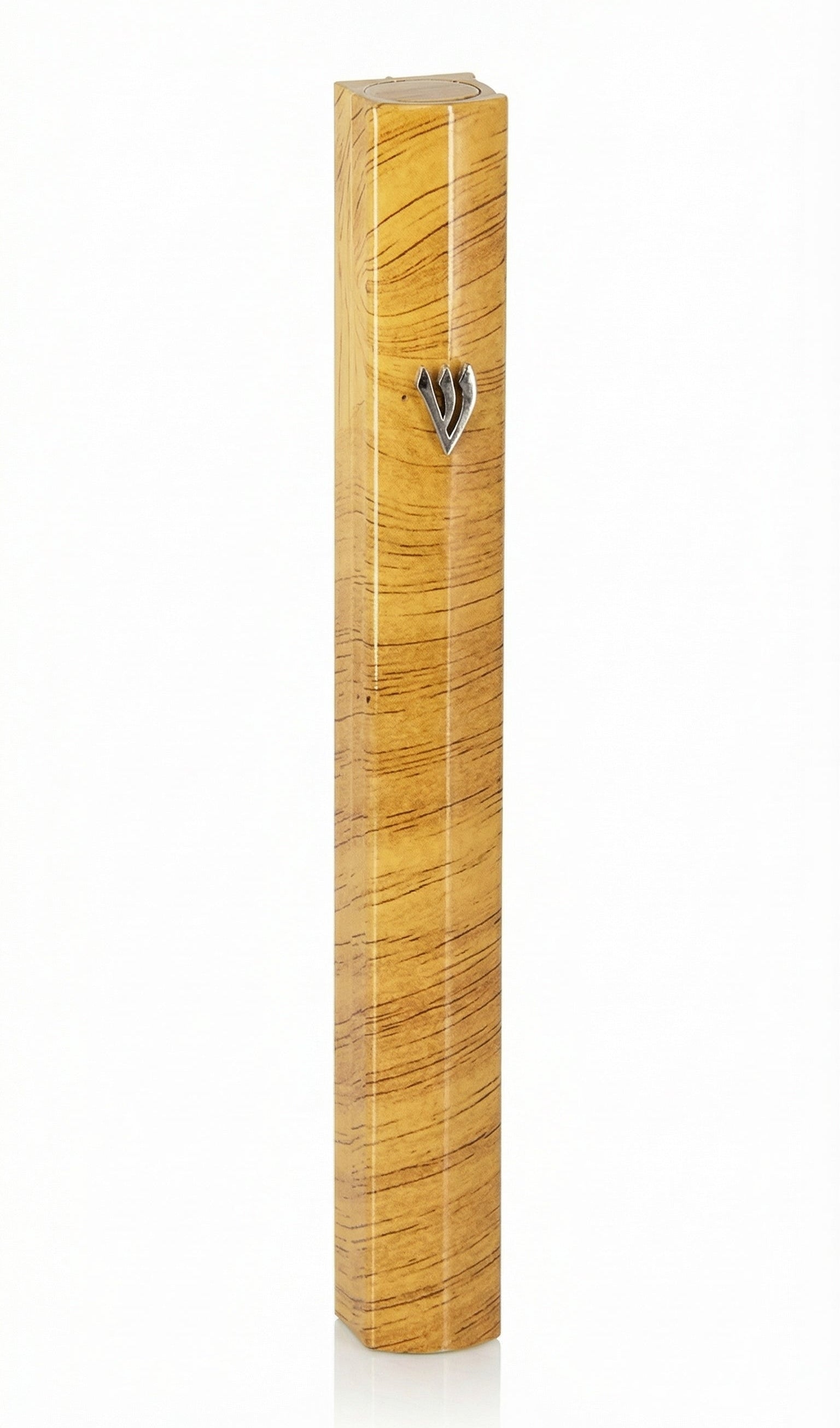 Brown aluminum Mezuzah, 5 inches tall, designed for home doorways, made in Israel, with detailed Hebrew engravings and decorative motifs.