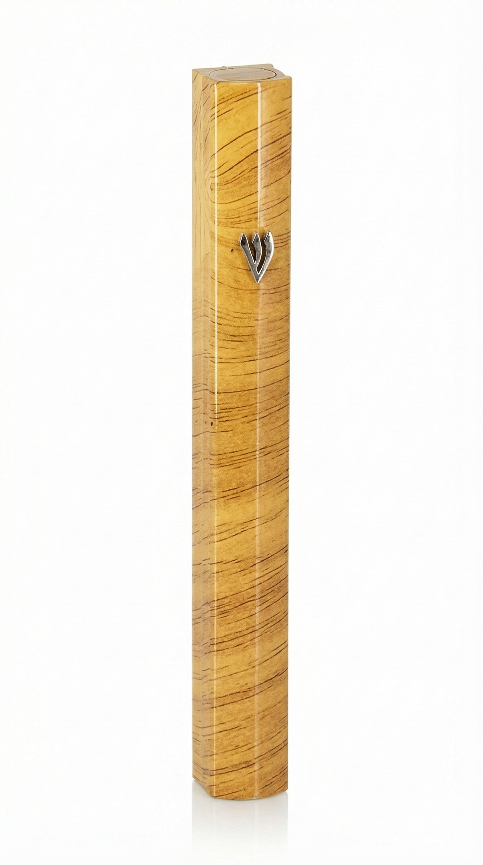 Brown aluminum Mezuzah, 5 inches tall, designed for home doorways, made in Israel, with detailed Hebrew engravings and decorative motifs.