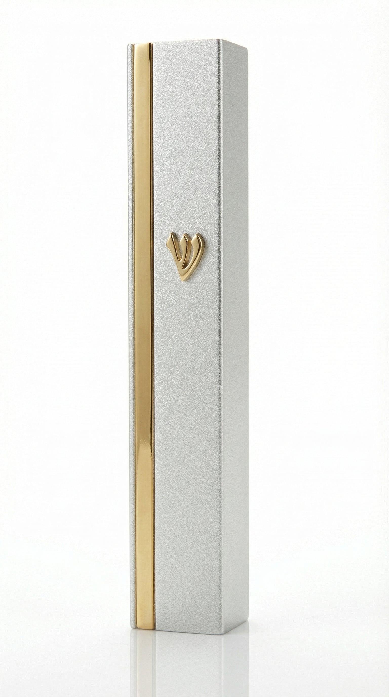 Aluminum mezuzah with matte silver finish and golden stripe for Jewish home doorpost decoration