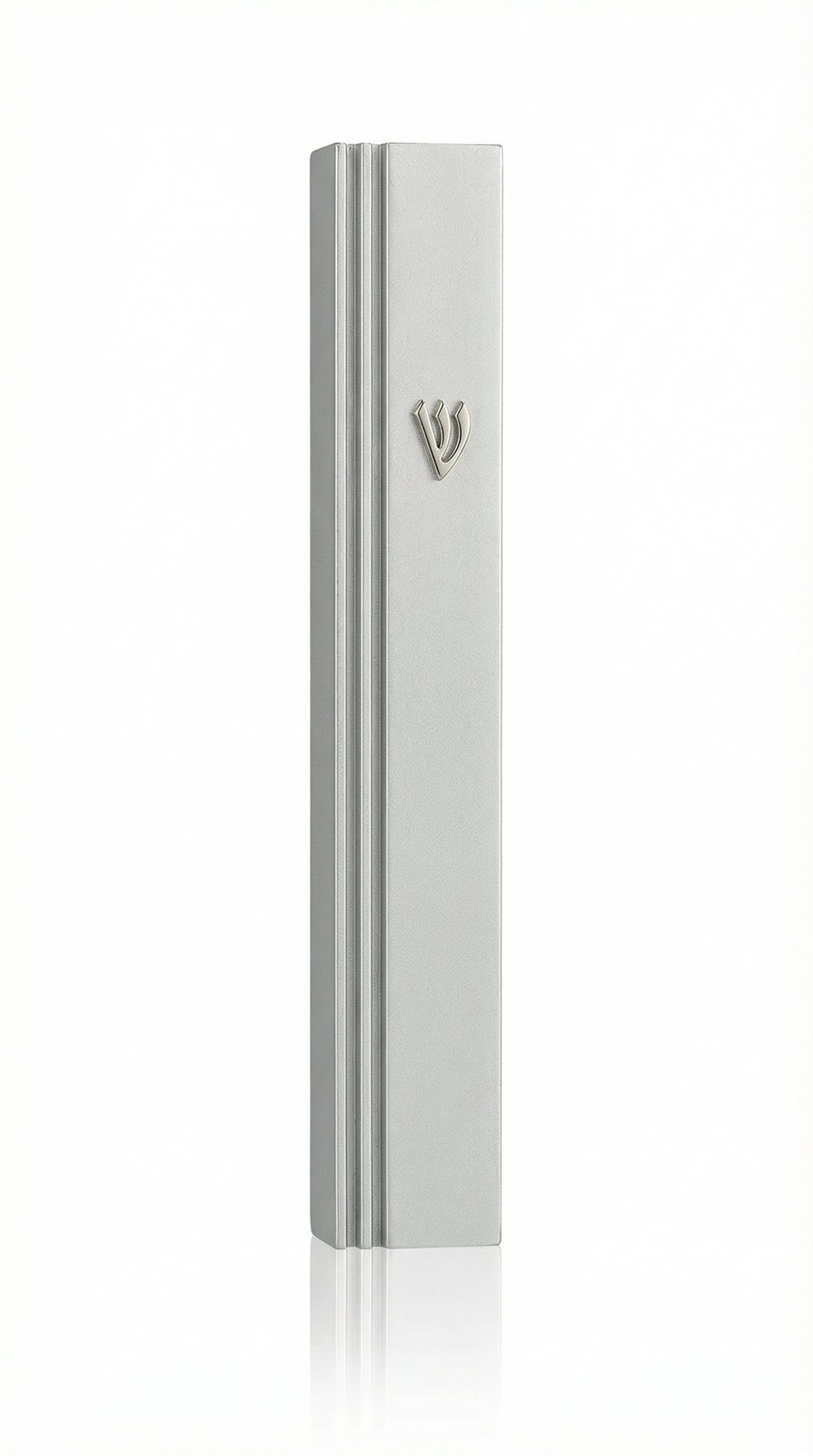 Aluminum mezuzah in matte silver with screw-in cap for outdoor use, 5.5 inches tall, easy to mount with strong adhesive, Israeli made.