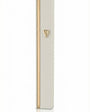 Sleek aluminum mezuzah in white and gold with screw-in cap, designed for outdoor use, featuring Hebrew inscription, decorative motifs, and precise craftsmanship, on a white background with subtle reflection.