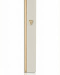 Sleek aluminum mezuzah in white and gold with screw-in cap, designed for outdoor use, featuring Hebrew inscription, decorative motifs, and precise craftsmanship, on a white background with subtle reflection.
