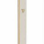 Sleek aluminum mezuzah in white and gold with screw-in cap, designed for outdoor use, featuring Hebrew inscription, decorative motifs, and precise craftsmanship, on a white background with subtle reflection.