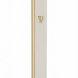 Sleek aluminum mezuzah in white and gold with screw-in cap, designed for outdoor use, featuring Hebrew inscription, decorative motifs, and precise craftsmanship, on a white background with subtle reflection.