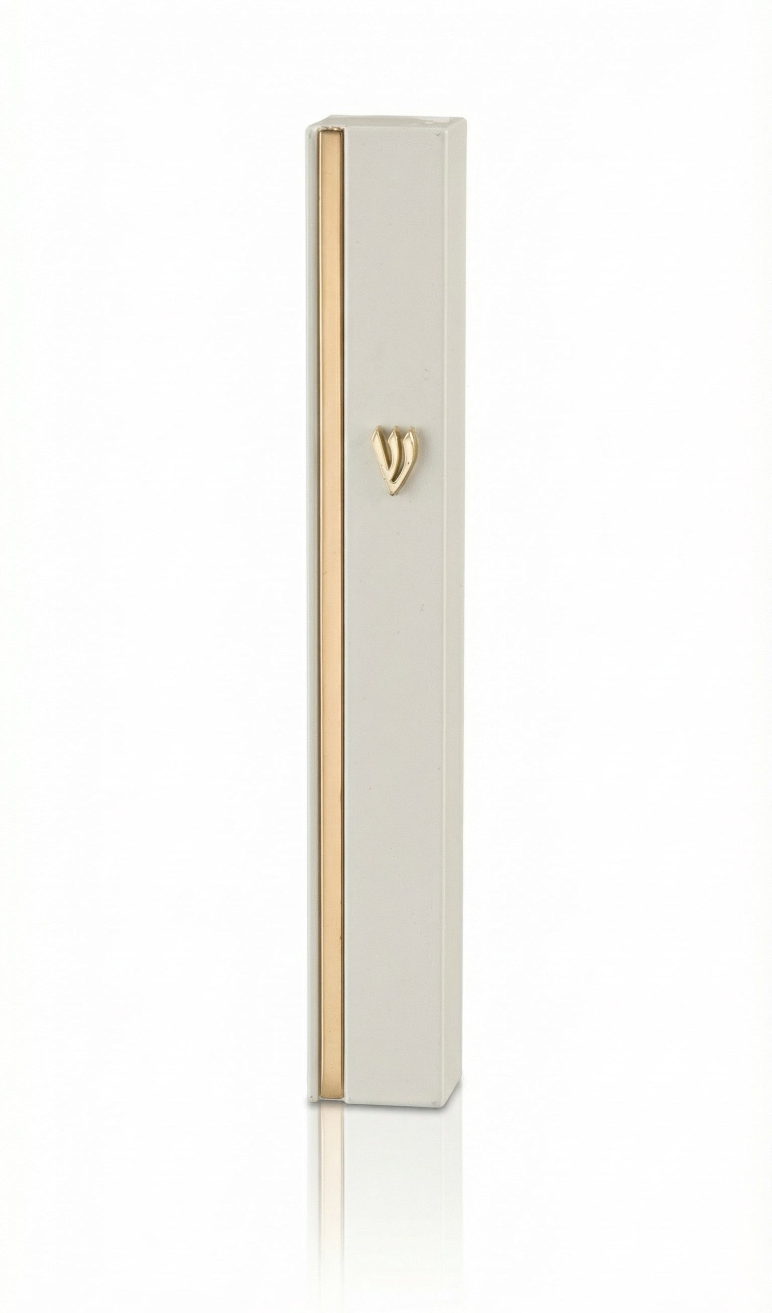 Sleek aluminum mezuzah in white and gold with screw-in cap, designed for outdoor use, featuring Hebrew inscription, decorative motifs, and precise craftsmanship, on a white background with subtle reflection.
