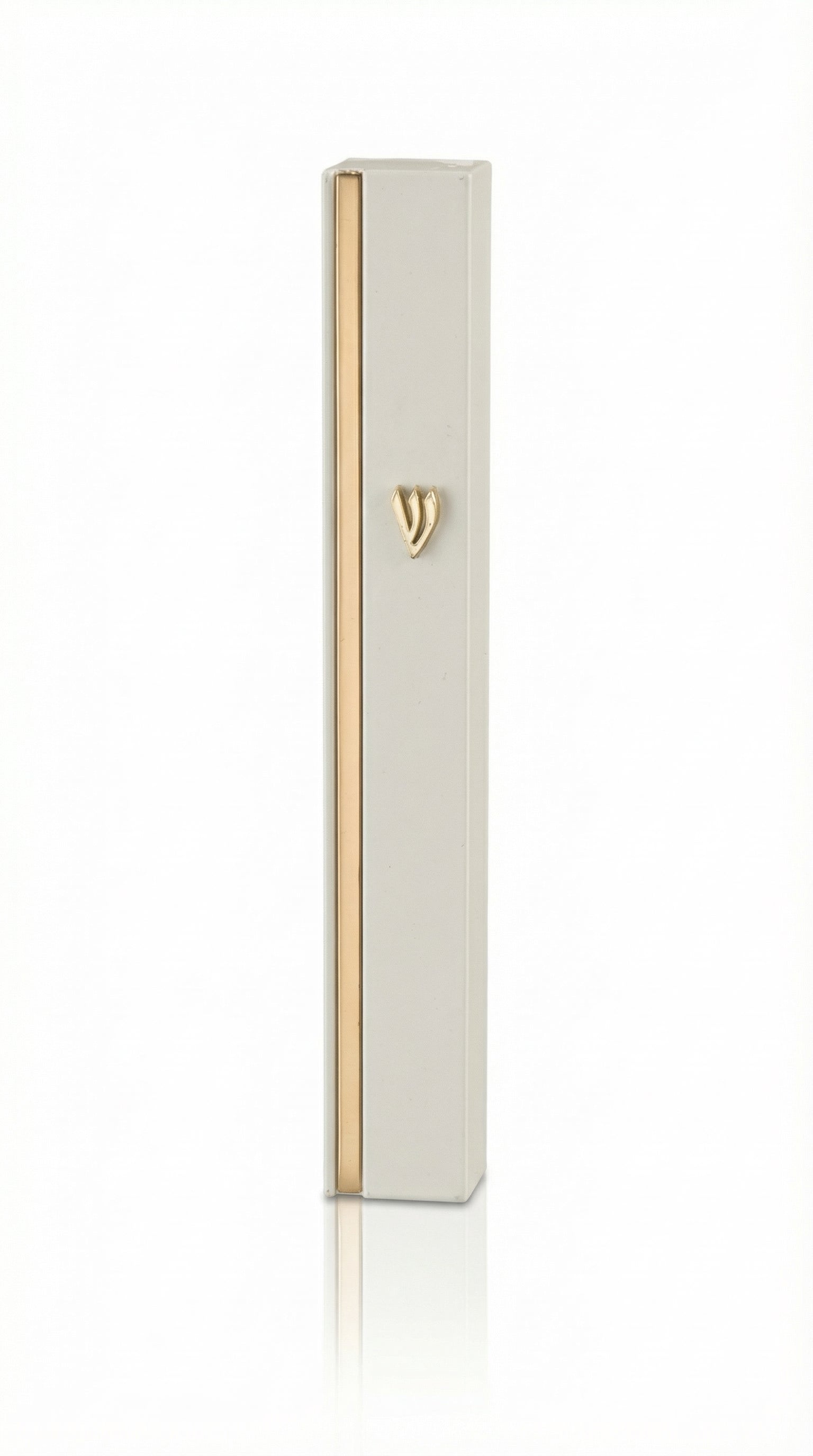 Sleek aluminum mezuzah in white and gold with screw-in cap, designed for outdoor use, featuring Hebrew inscription, decorative motifs, and precise craftsmanship, on a white background with subtle reflection.