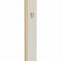 Sleek aluminum mezuzah in white and gold with screw-in cap, designed for outdoor use, featuring Hebrew inscription, decorative motifs, and precise craftsmanship, on a white background with subtle reflection.