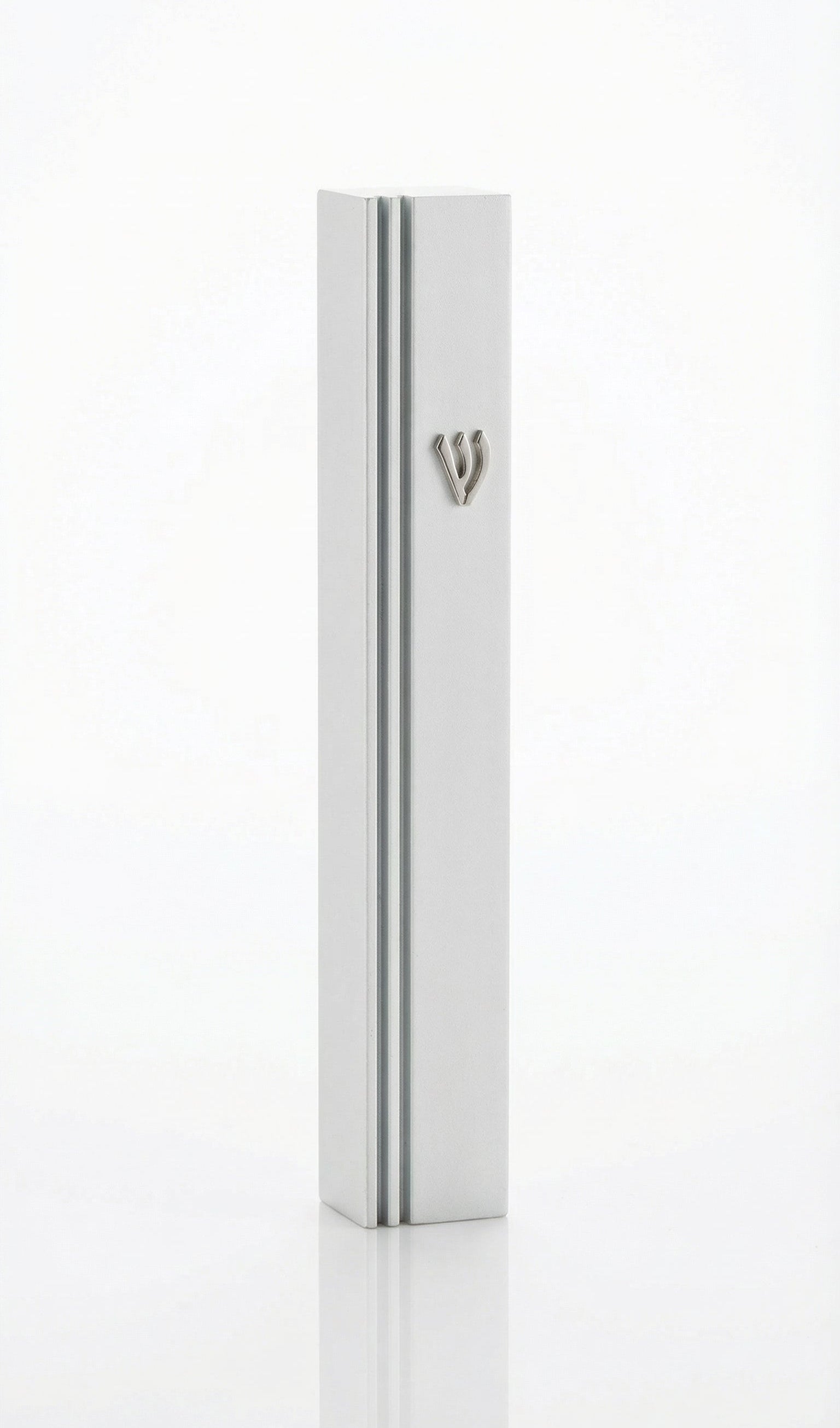 White aluminum mezuzah with screw cap for outdoor use, measuring 5.5 inches, featuring detailed Hebrew engravings and secure mount.
