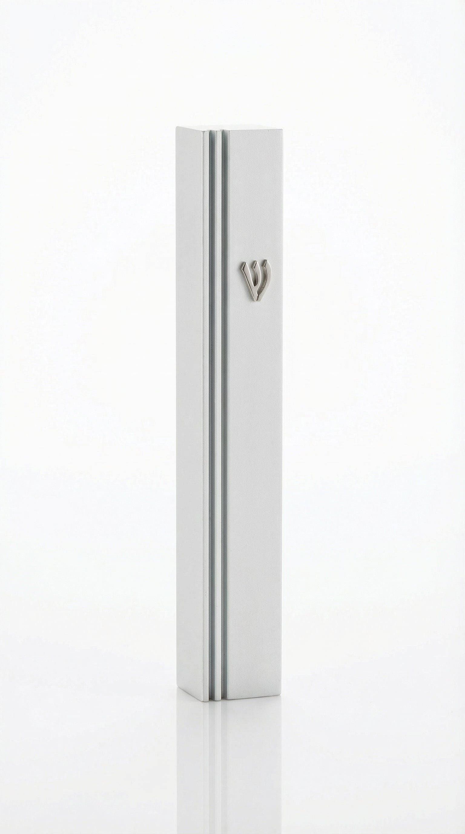 White aluminum mezuzah with screw cap for outdoor use, measuring 5.5 inches, featuring detailed Hebrew engravings and secure mount.