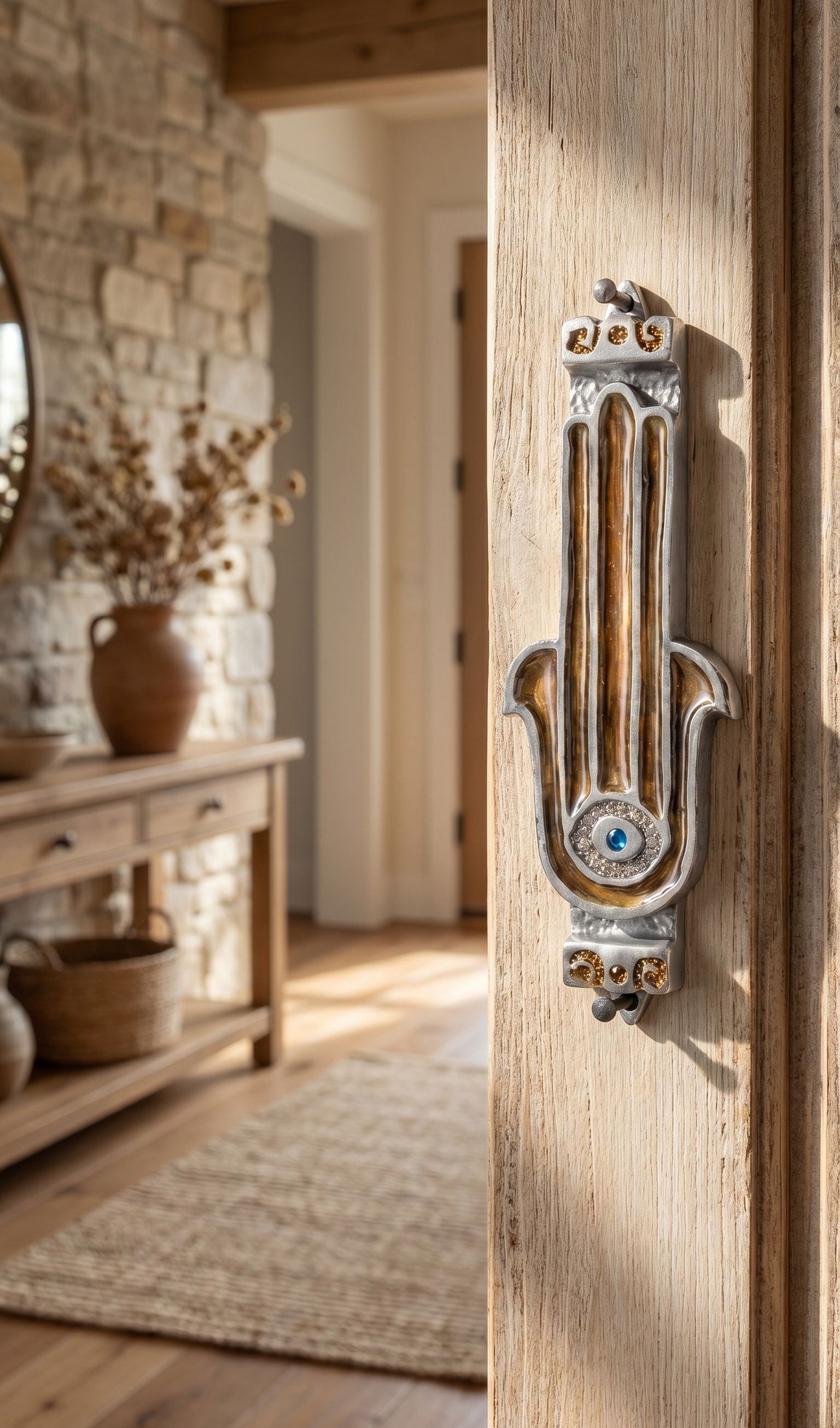 Hyper-realistic scene of a doorway with a protected inward-facing right-side mezuzah case, showcasing the amber and rust-toned Hamsa design.