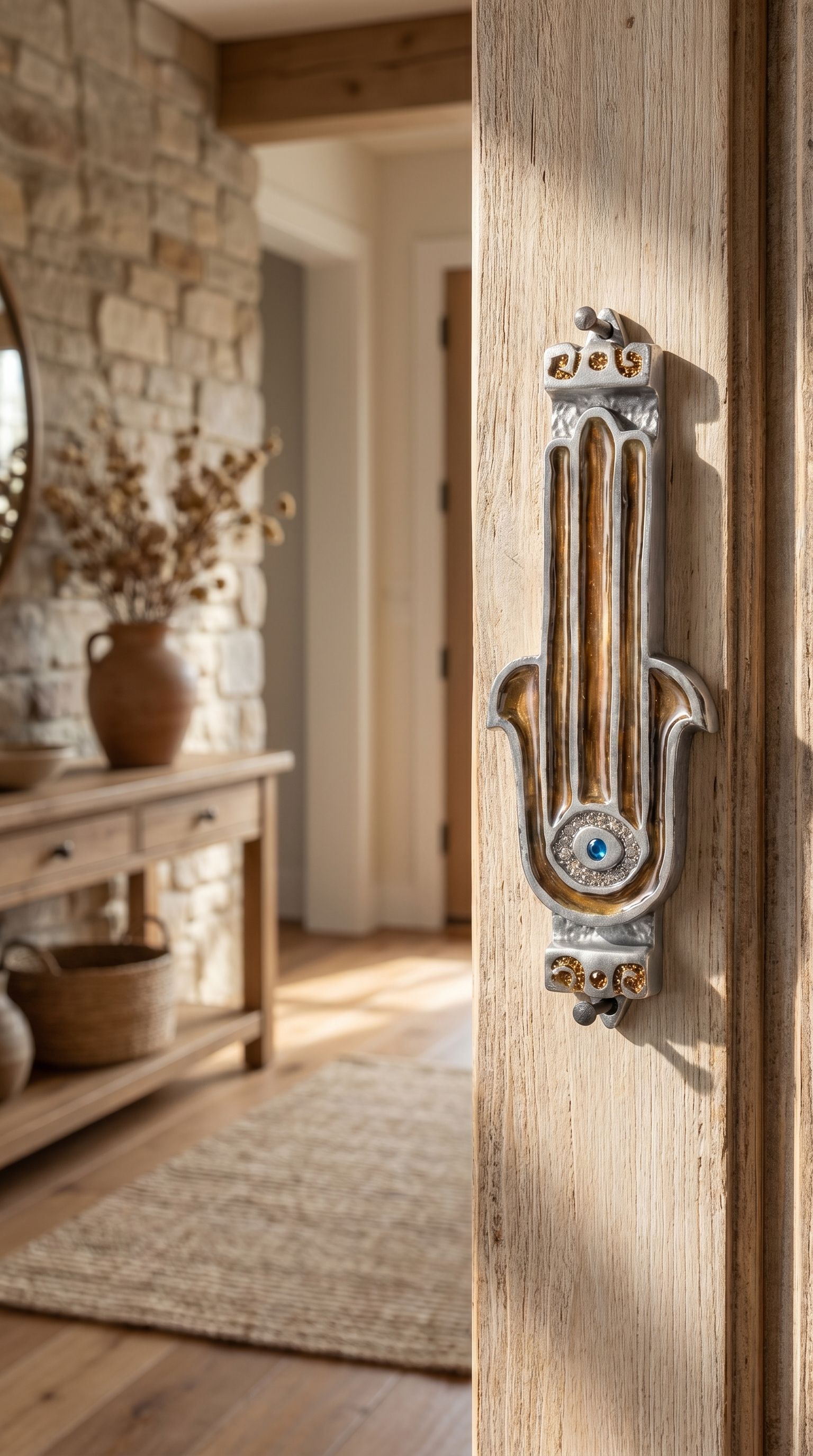 Hyper-realistic scene of a doorway with a protected inward-facing right-side mezuzah case, showcasing the amber and rust-toned Hamsa design.